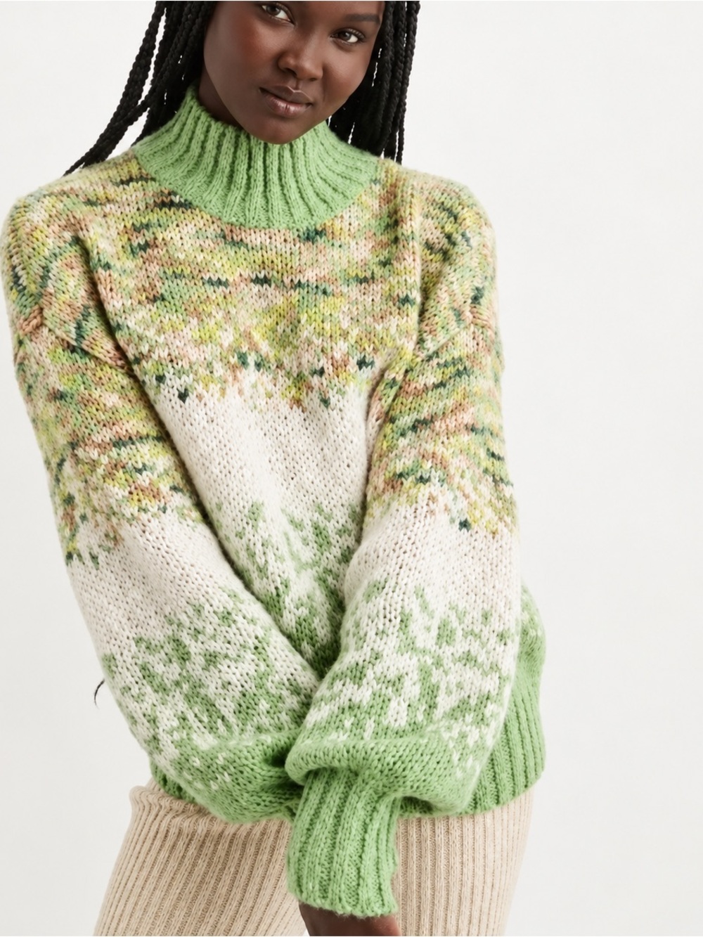 Aerie Fair Isle Mock Neck Wool Blend Sweater Green Medium